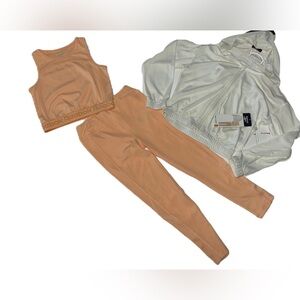 Reebok 3 Piece Peach White Activewear outfit Mesh Jacket Tank Leggings Set Girls